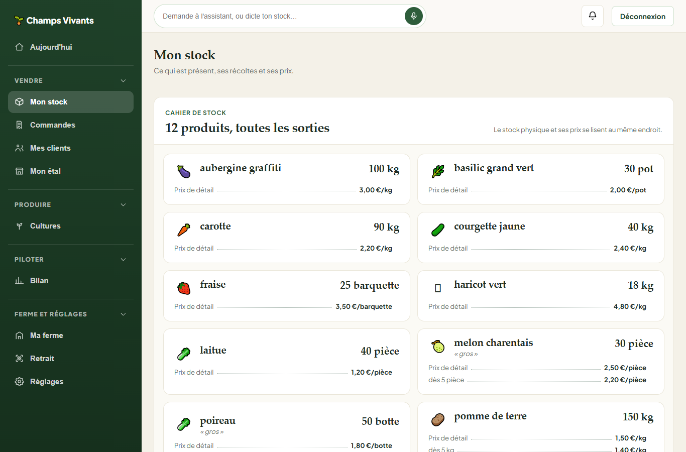 Interface ChampsVivants V2 présentant le stock d'une ferme